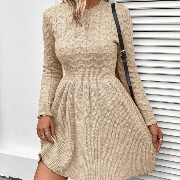 New Chic Cable Knit Skater Long Sleeve Knit Sweater Dress - Picture 6 of 13